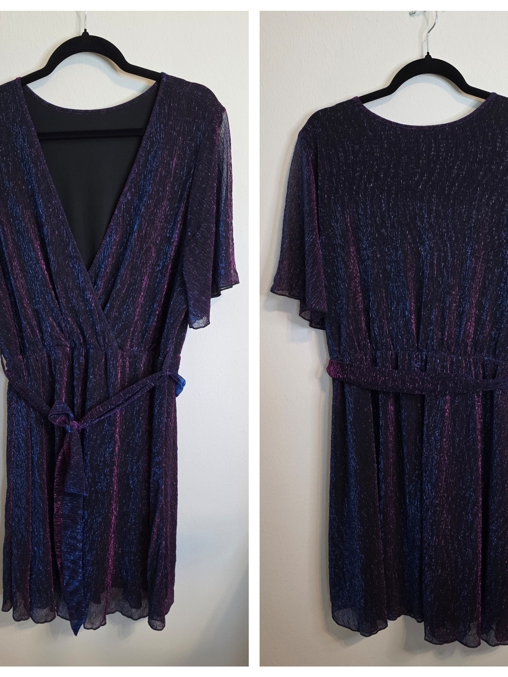 SHEIN Metallic Purple Blue Flutter-Sleeve Mini Dress